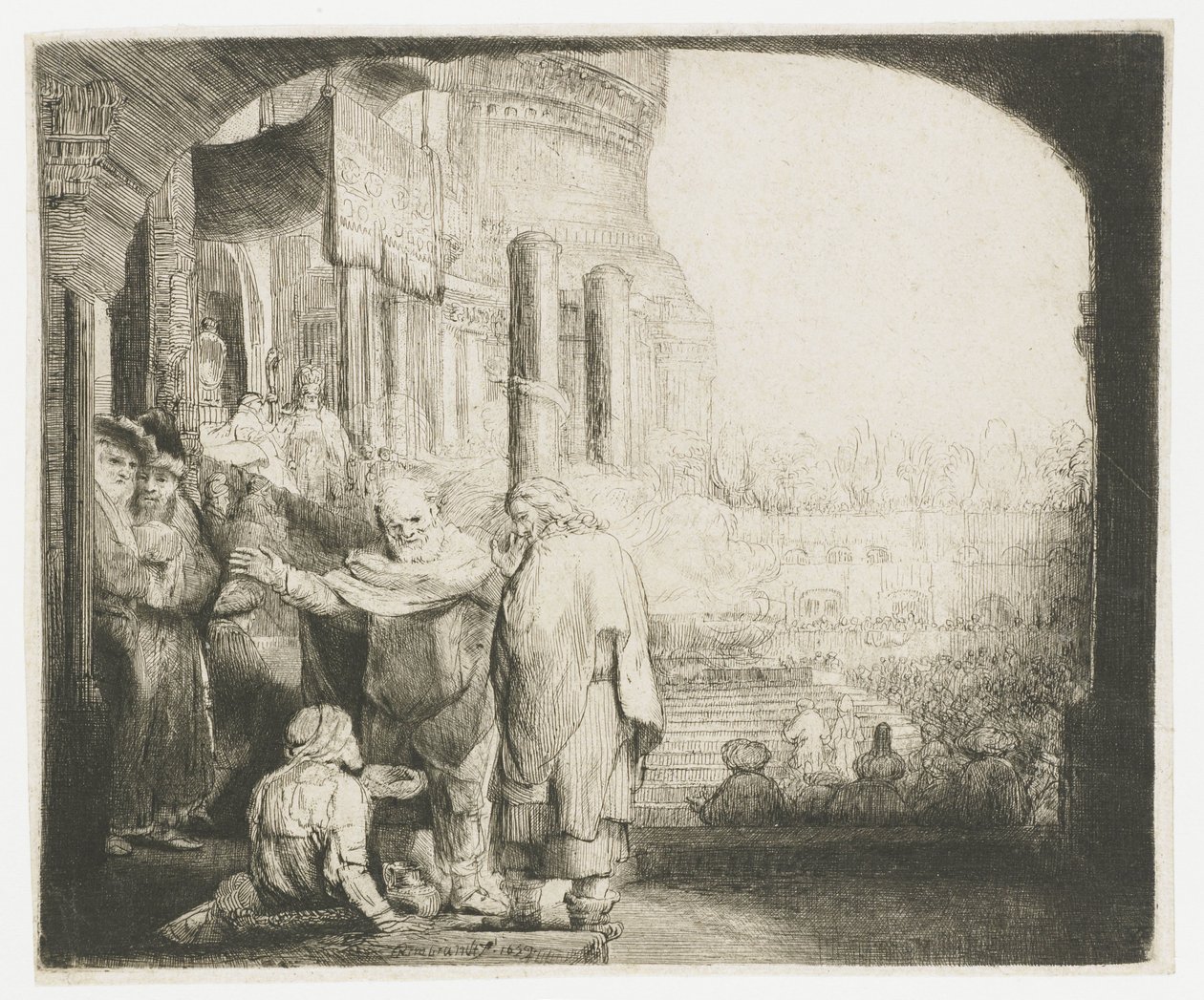 Petrus och Johannes botar krymplingen vid templets port av Rembrandt van Rijn