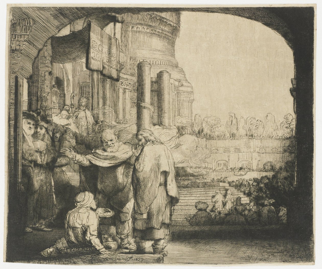 Petrus och Johannes botar krymplingen vid templets port av Rembrandt van Rijn