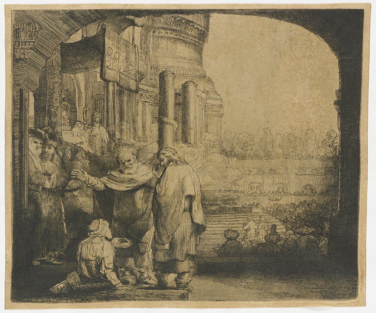 Petrus och Johannes botar krymplingen vid templets port av Rembrandt van Rijn