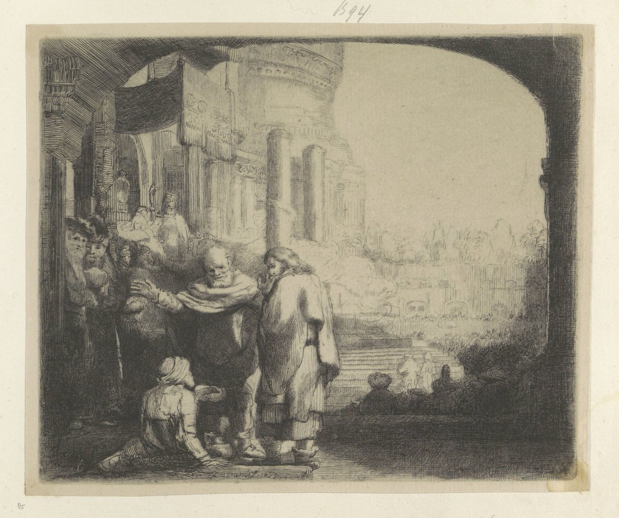Petrus och Johannes botar en krympling vid tempelporten Recueil de quatre-vingt-cinq estampes originales (serietitel) av Rembrandt van Rijn