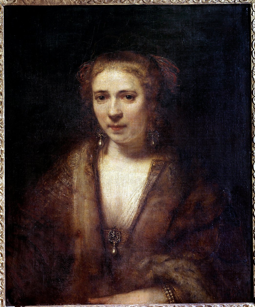 Porträtt av Hendrickje Stoffels (1625-1663) vid baskern av sammet, följeslagare till målaren Målning av Harmensz Van Rijn Rembrandt (1606-1669) 1600-talet sön. 0,61x0,74 m av Rembrandt van Rijn