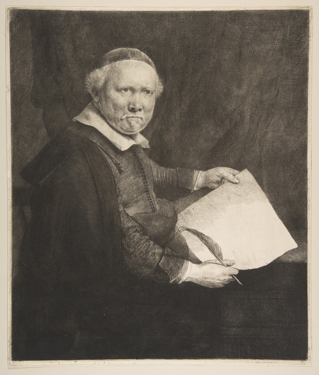 Porträtt av Lieven Willemsz van Coppenol, Skrivmästaren den större plattan, 1658. av Rembrandt van Rijn