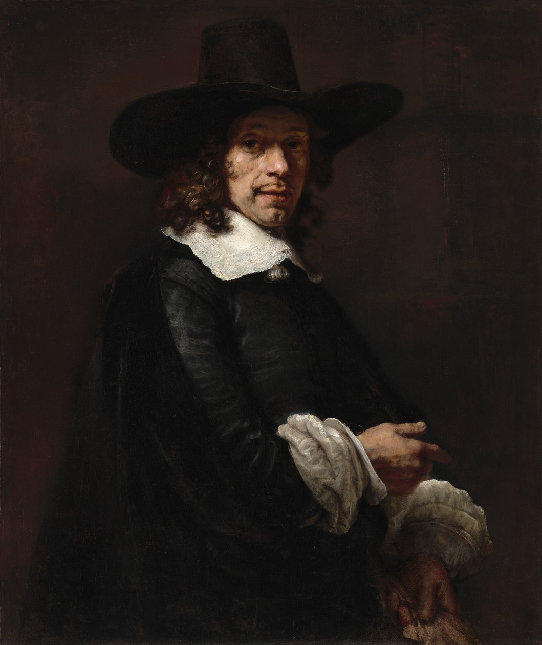 Porträtt av en gentleman med en lång hatt och handskar, ca. 16561658. av Rembrandt van Rijn