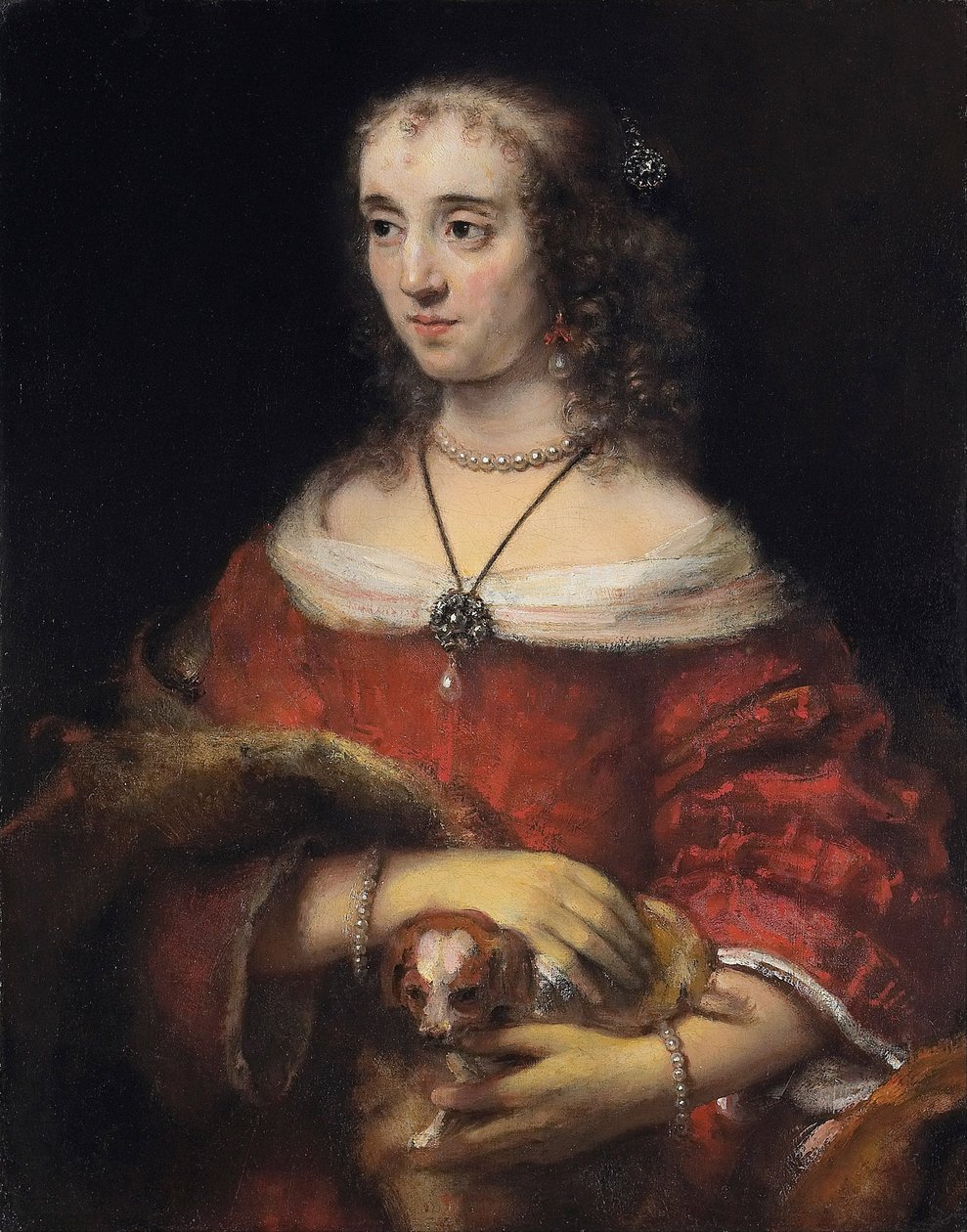 Porträtt av en dam med en knähund, ca 1665 av Rembrandt van Rijn