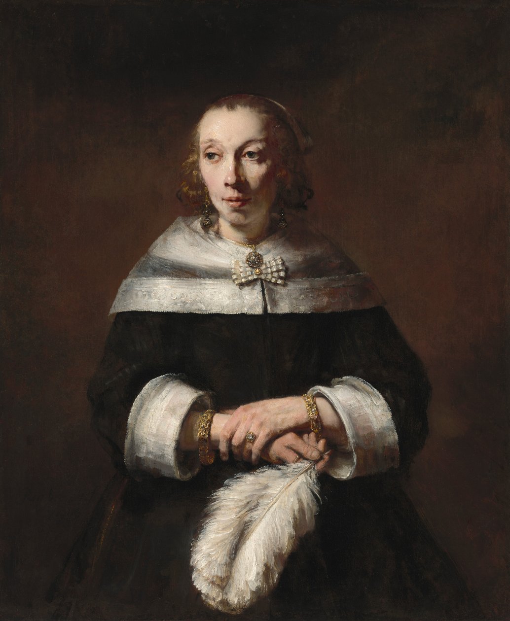 Porträtt av en dam med en strutsfjäderfläkt, ca. 16561658. av Rembrandt van Rijn