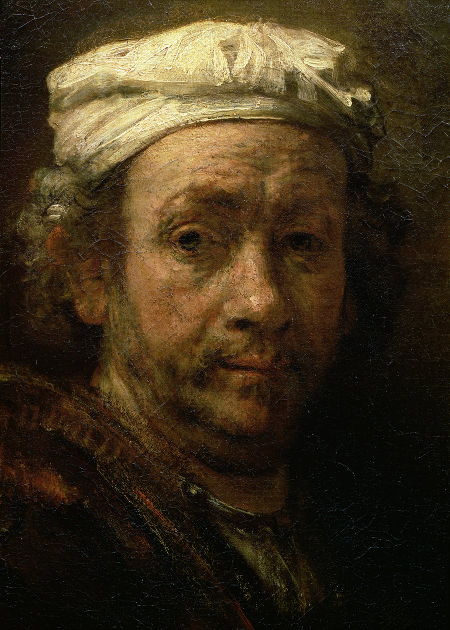 Porträtt av konstnären vid hans staffli, detalj av ansiktet, 1660 (detalj av 91054) av Rembrandt van Rijn