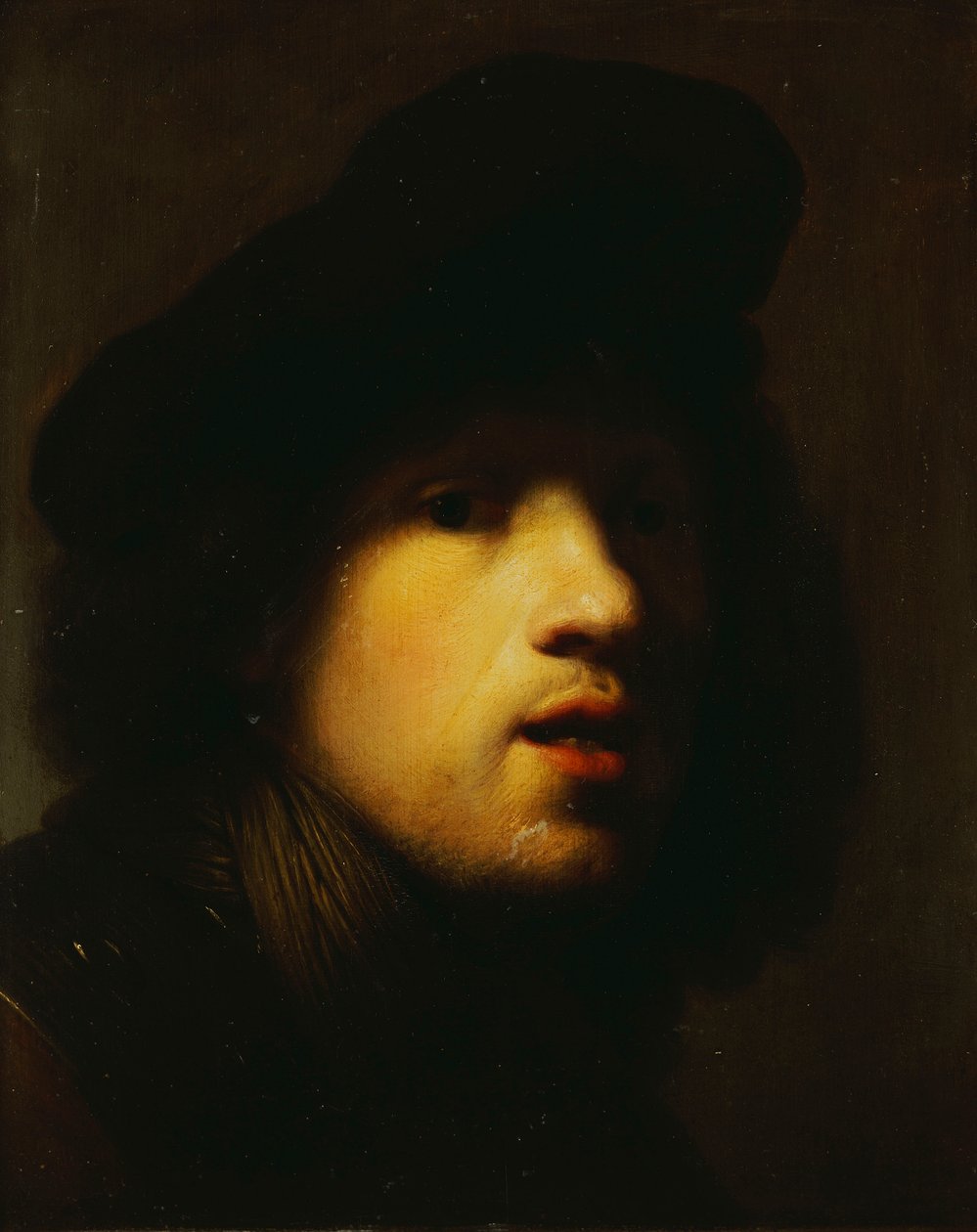 Porträtt av konstnären, huvud och axlar, i en svart basker och en ravin av Rembrandt van Rijn