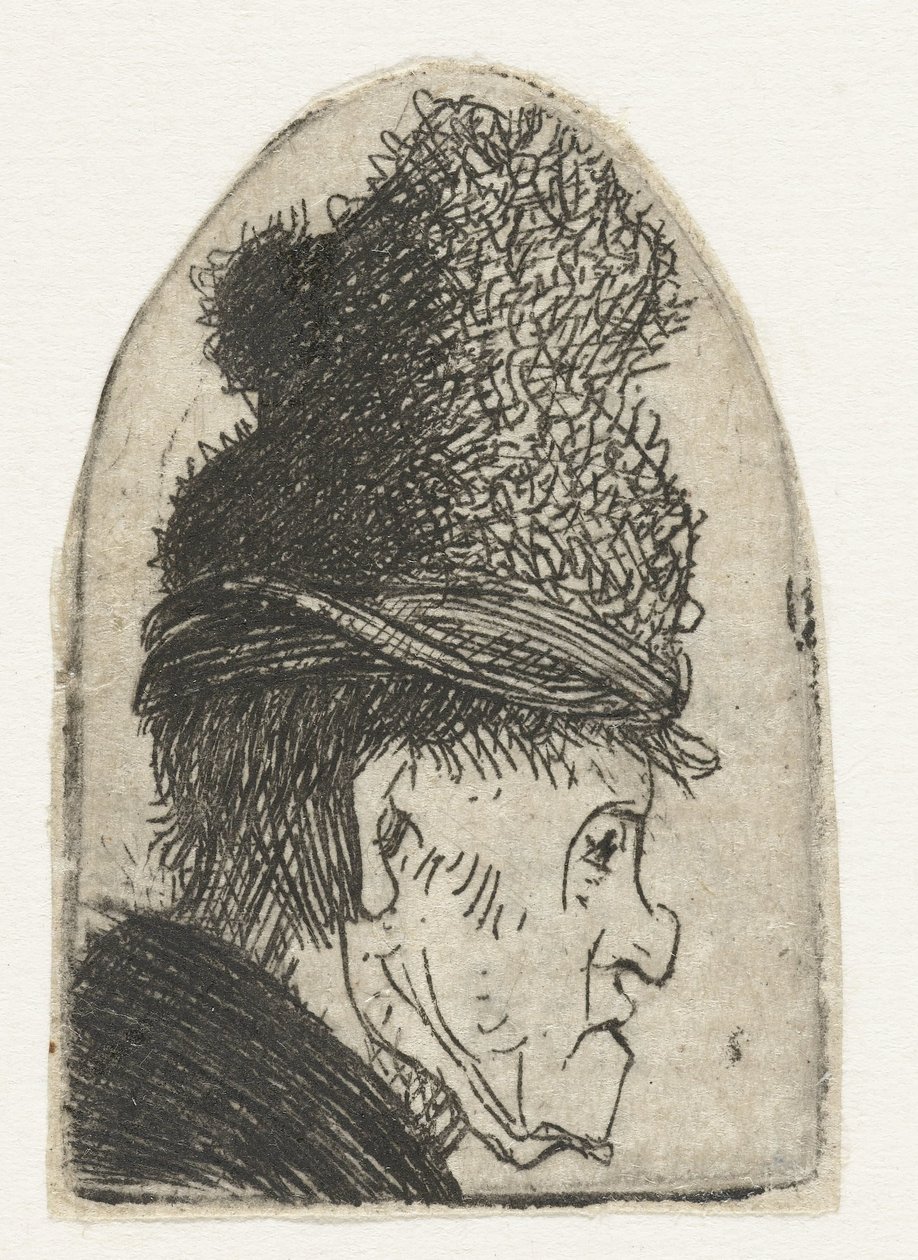 Profil av en man med hög hatt Grotesk profil: man i hög keps av Rembrandt van Rijn