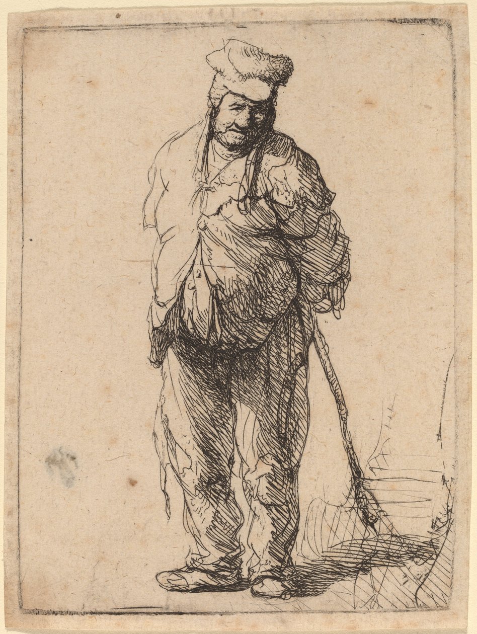 Trasig bonde med händerna bakom sig och håller en pinne av Rembrandt van Rijn