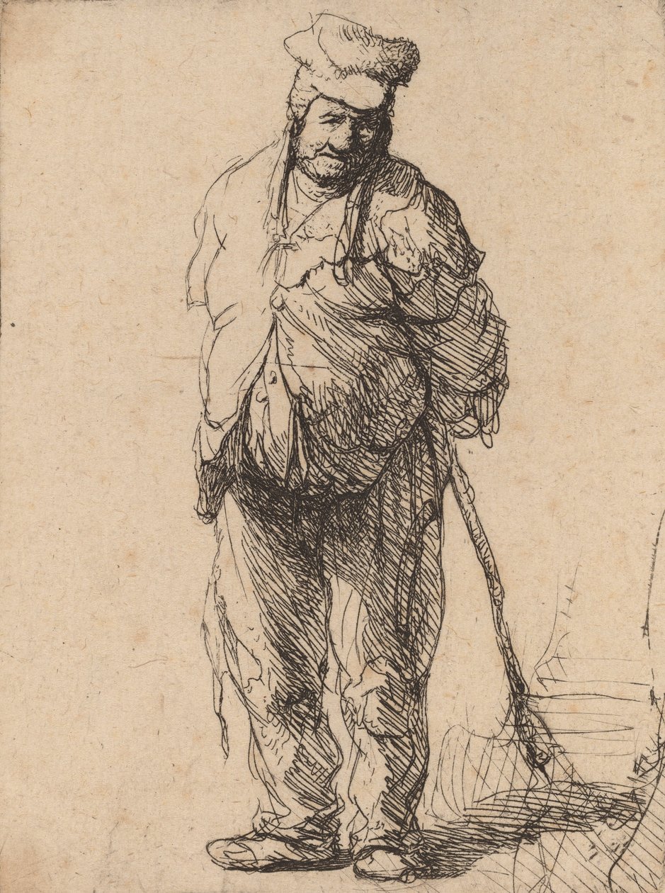 Trasig bonde med händerna bakom sig, håller en pinne, ca. 1630. av Rembrandt van Rijn
