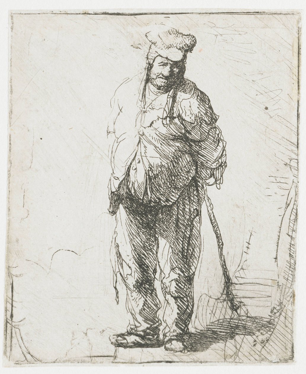 En trasig bonde med händerna bakom ryggen, som håller i en käpp av Rembrandt van Rijn