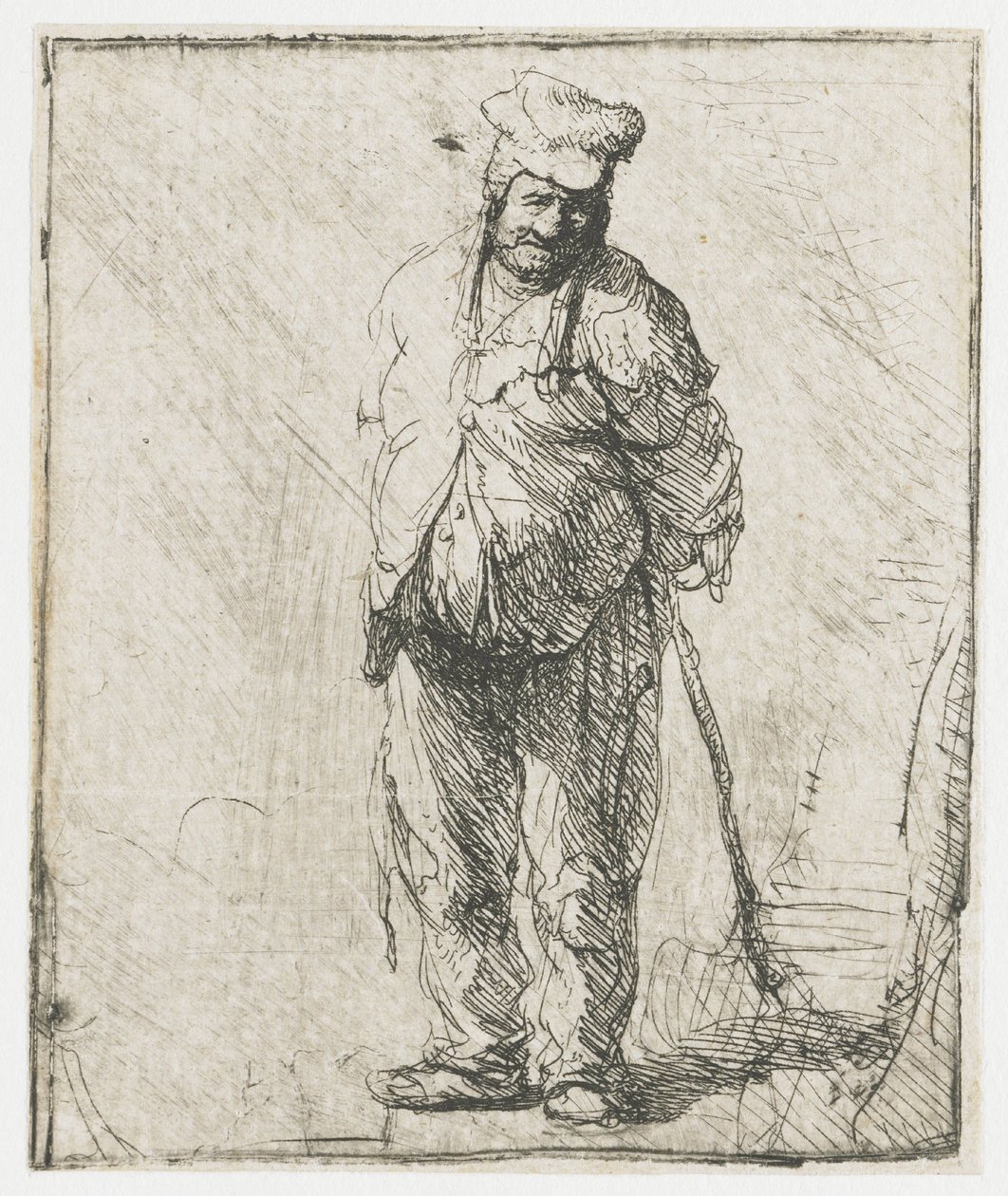 En trasig bonde med händerna bakom ryggen, som håller i en käpp av Rembrandt van Rijn
