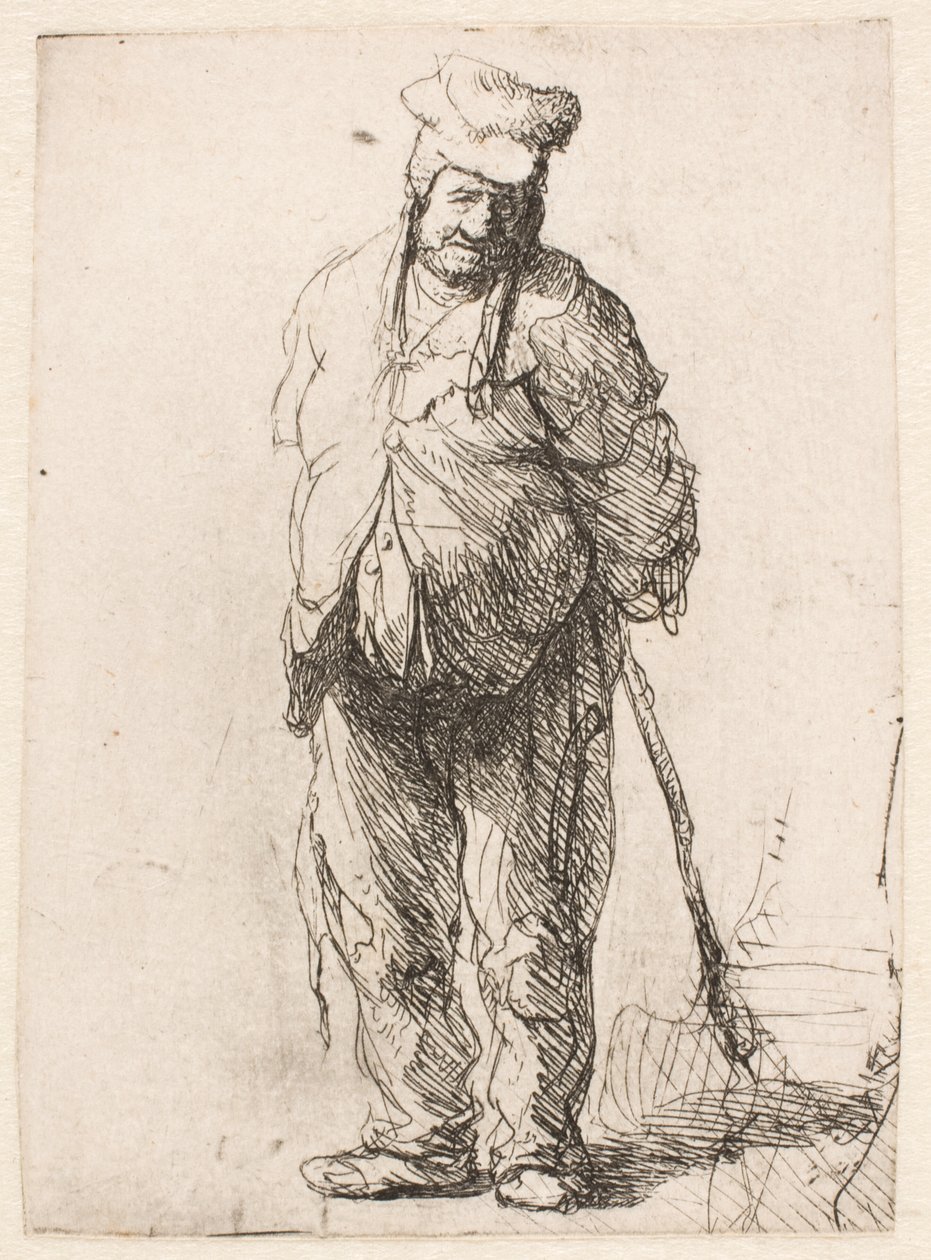 En trasig bonde med händerna bakom ryggen, som håller i en käpp av Rembrandt van Rijn