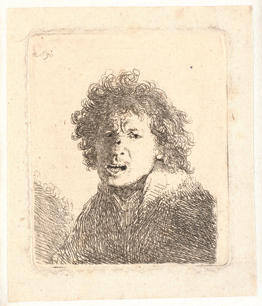Rembrandt barhuvad och öppen mun, som om han ropade: byst av Rembrandt van Rijn
