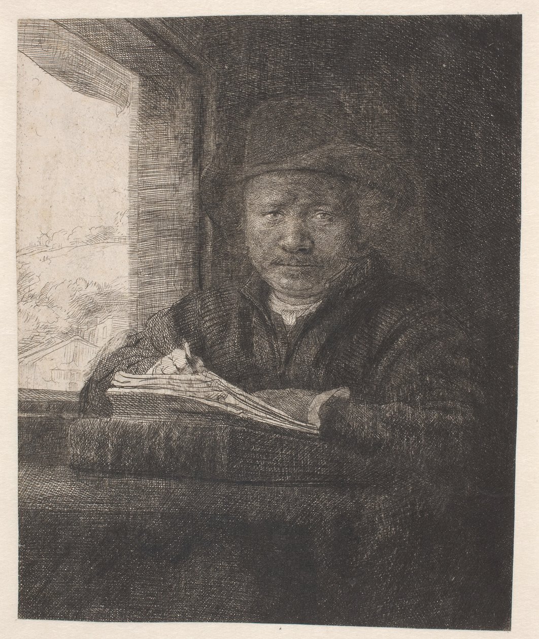 Rembrandt ritar vid ett fönster av Rembrandt van Rijn
