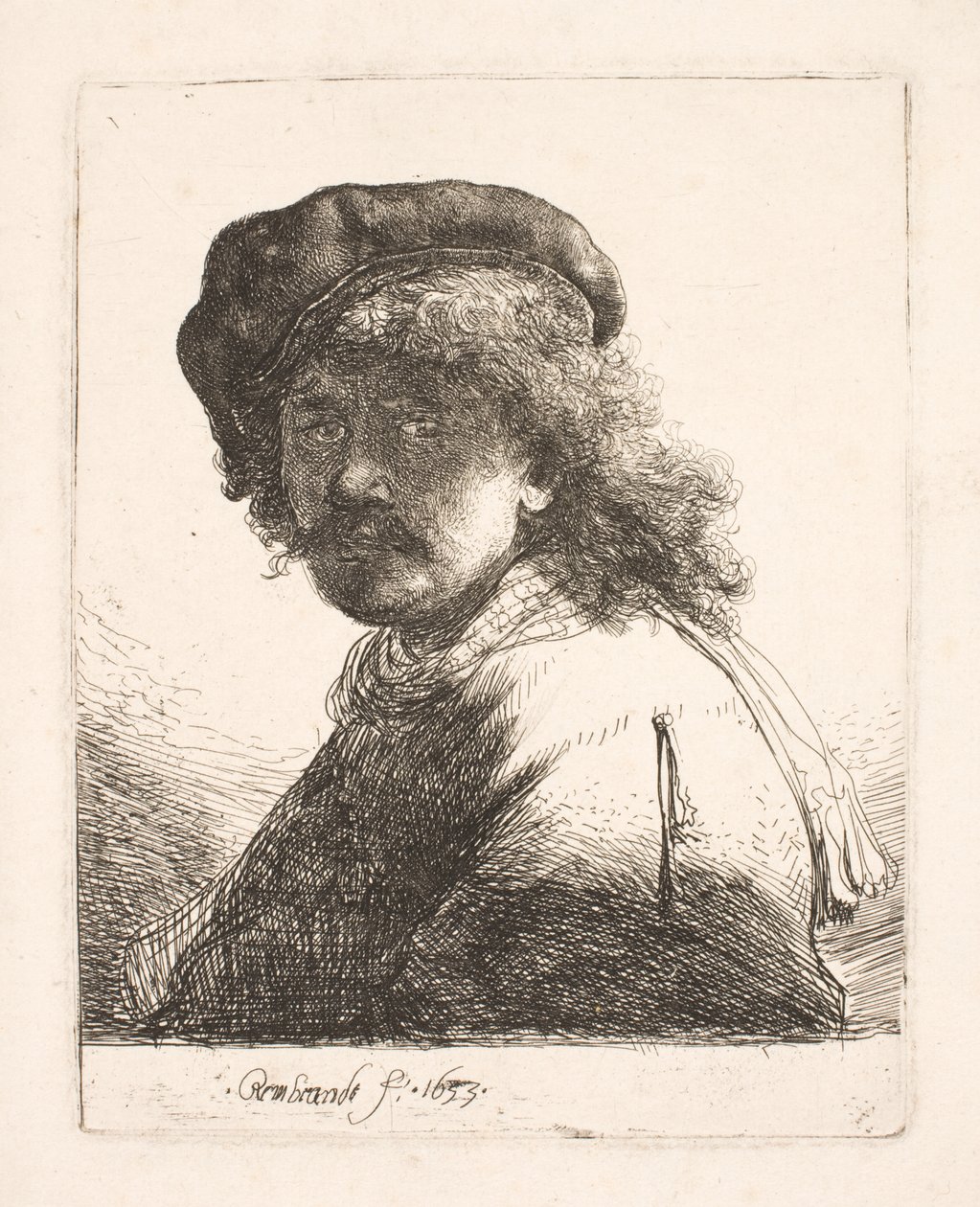 Rembrandt med mössa och halsduk: ansiktet i skugga: byst av Rembrandt van Rijn