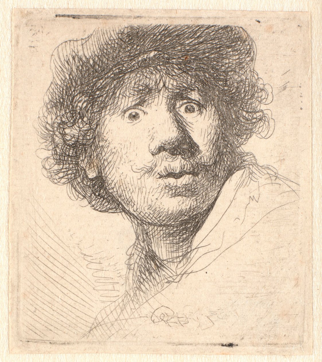 Rembrandt i keps, öppen mun och stirrande: byst i kontur av Rembrandt van Rijn