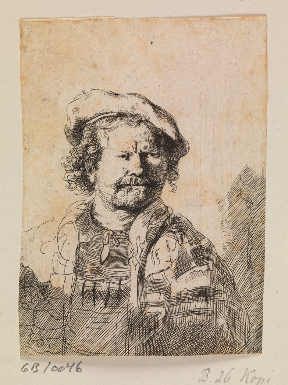 Rembrandt i en platt keps och en broderad klänning av Rembrandt van Rijn