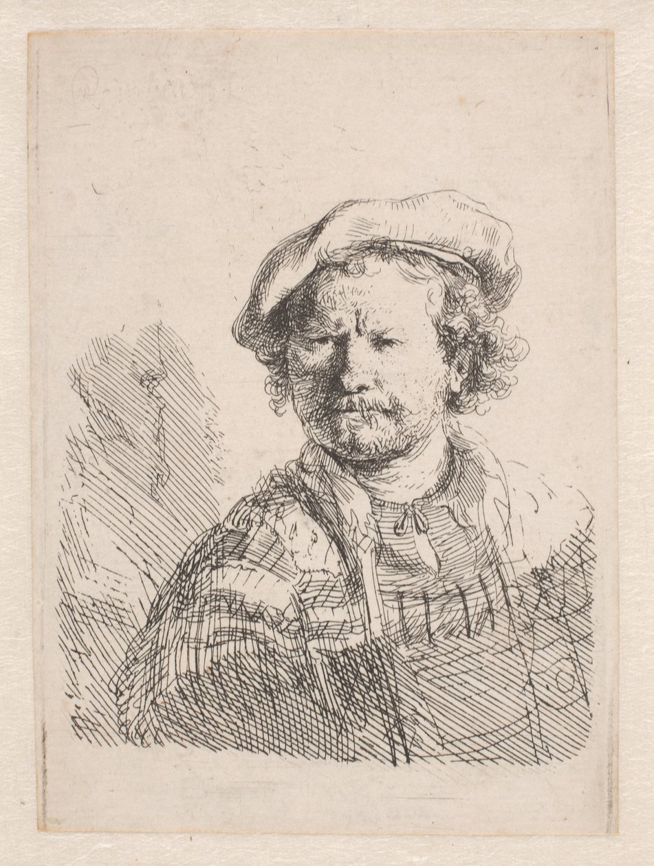 Rembrandt i platt keps med en sjal om axlarna av Rembrandt van Rijn