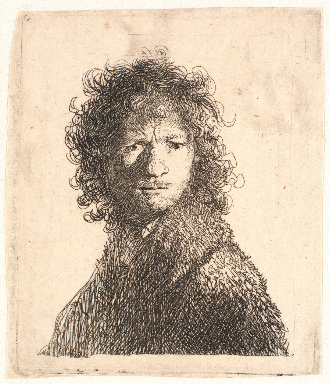 Rembrandt Vareheaded, i skarpt ljus från höger: titta över axeln: byst av Rembrandt van Rijn