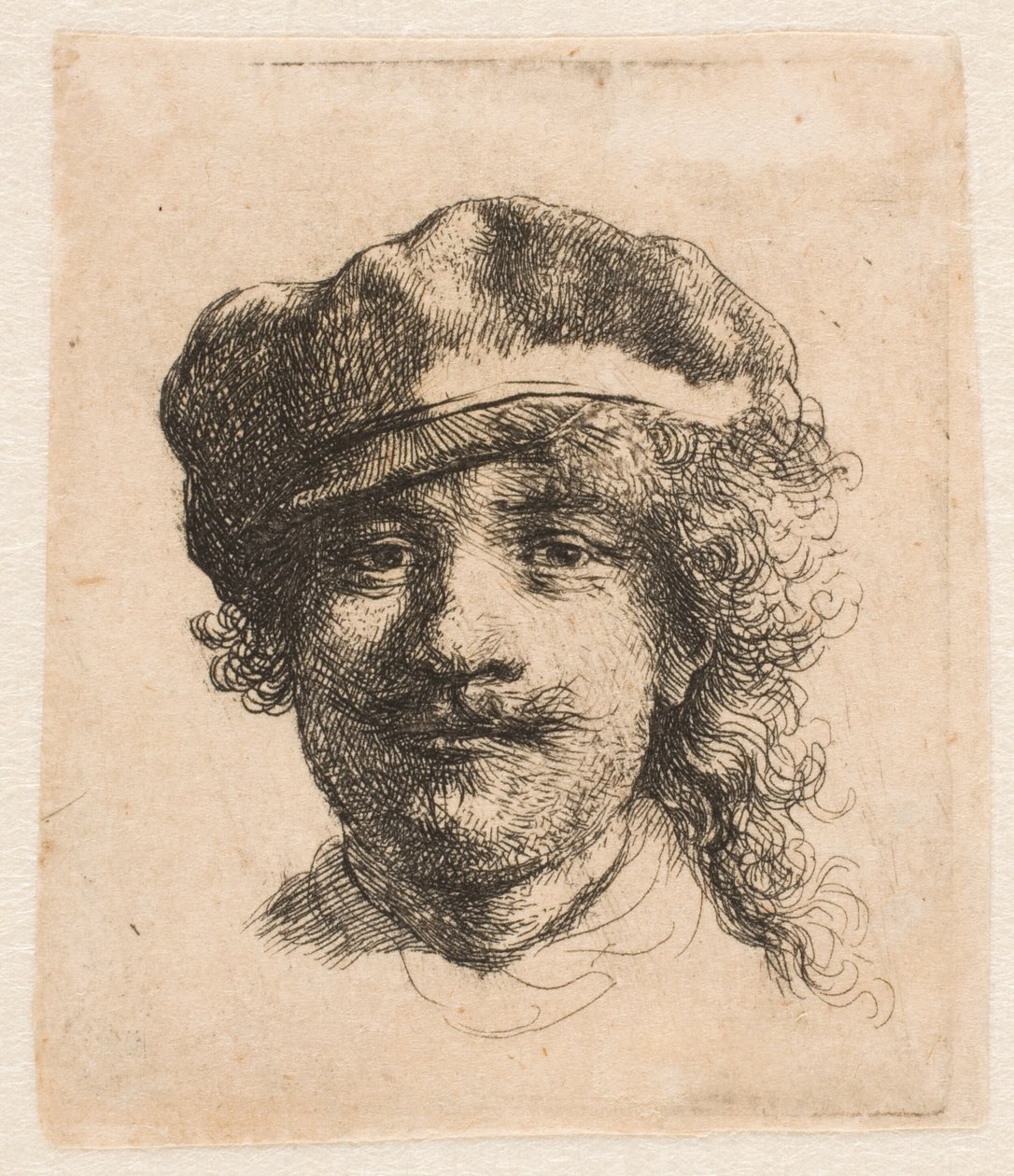 Rembrandt med en mjuk mössa: helfigur: endast huvudet av Rembrandt van Rijn