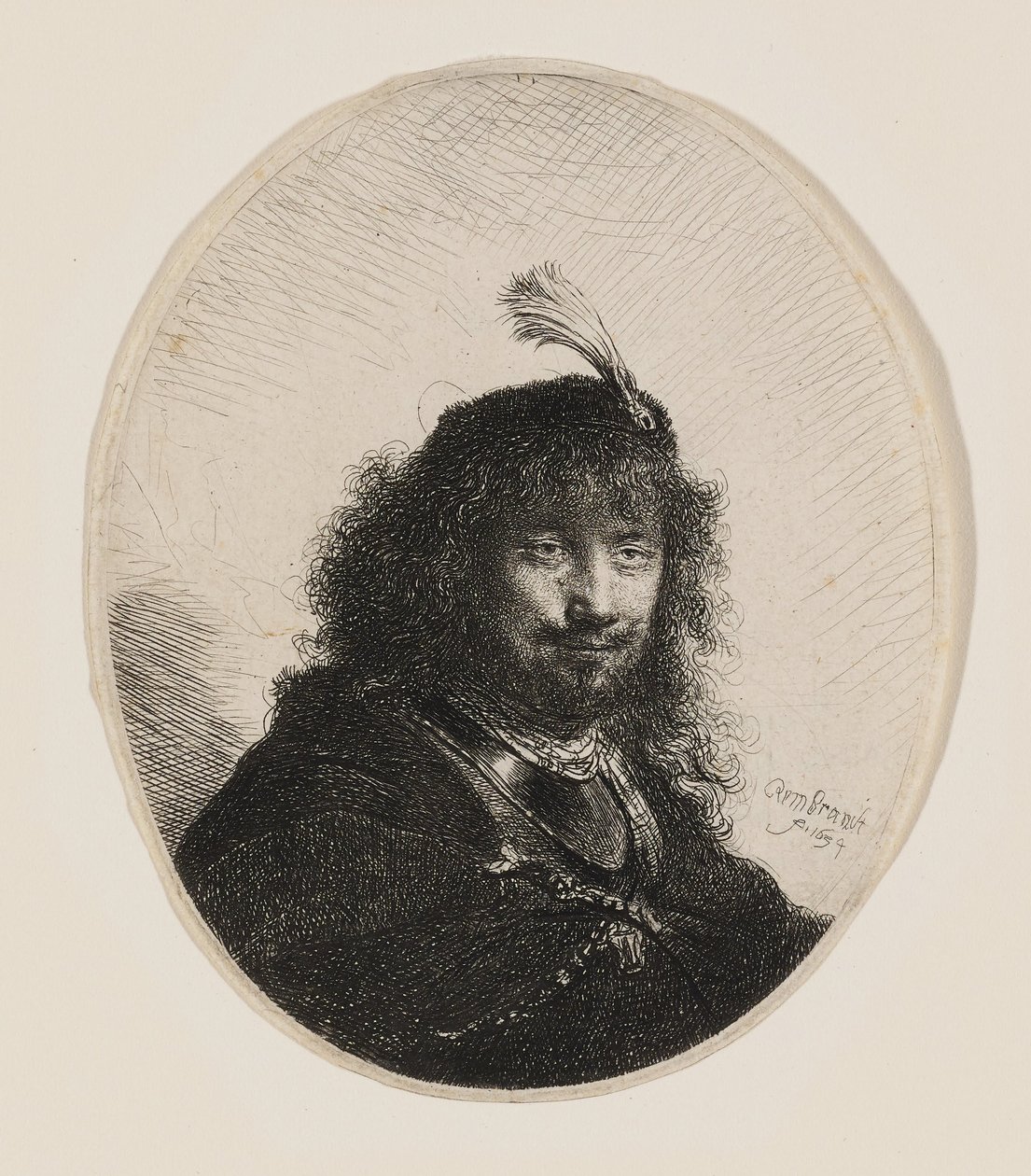 Rembrandt med fjäderprydd mössa och nedsänkt sabel av Rembrandt van Rijn