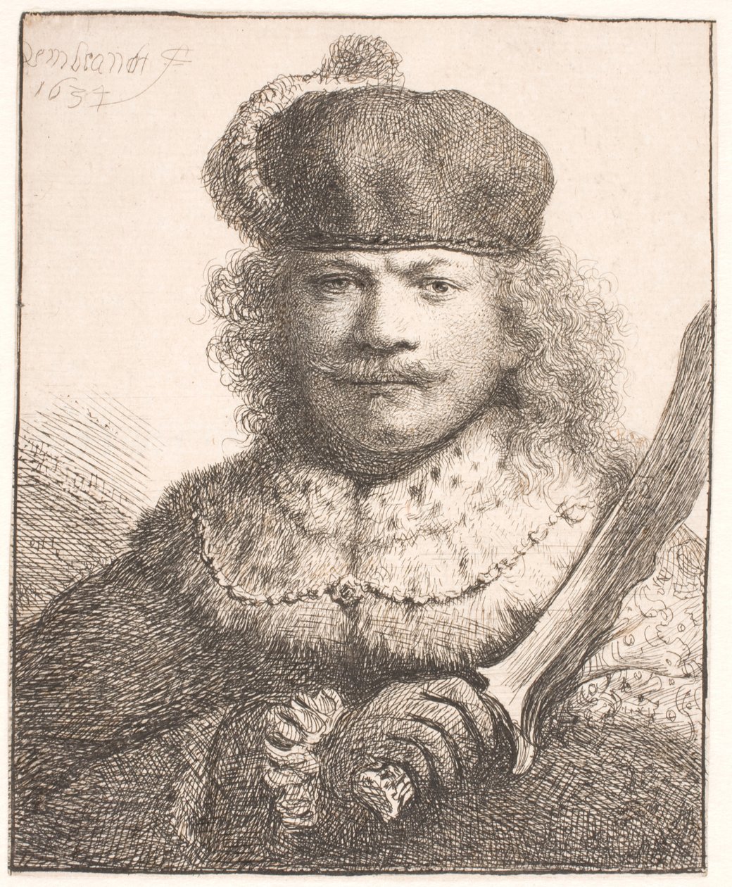 Rembrandt med upplyft sabel: halvfigur av Rembrandt van Rijn