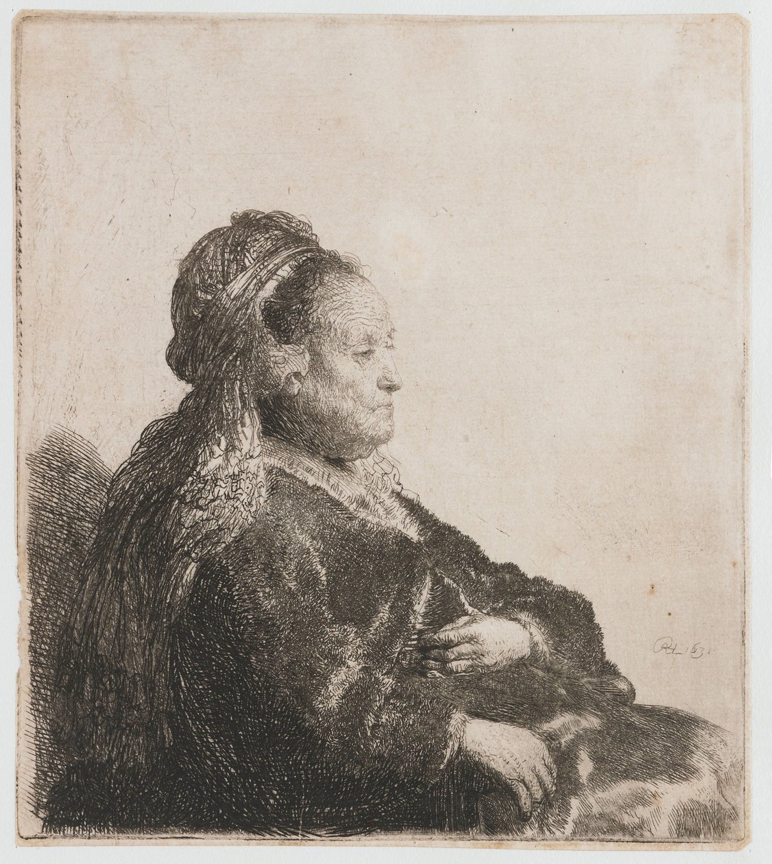 Rembrandts mor sitter Konstnärens mamma sittande, i en orientalisk huvudbonad: halvlängd av Rembrandt van Rijn