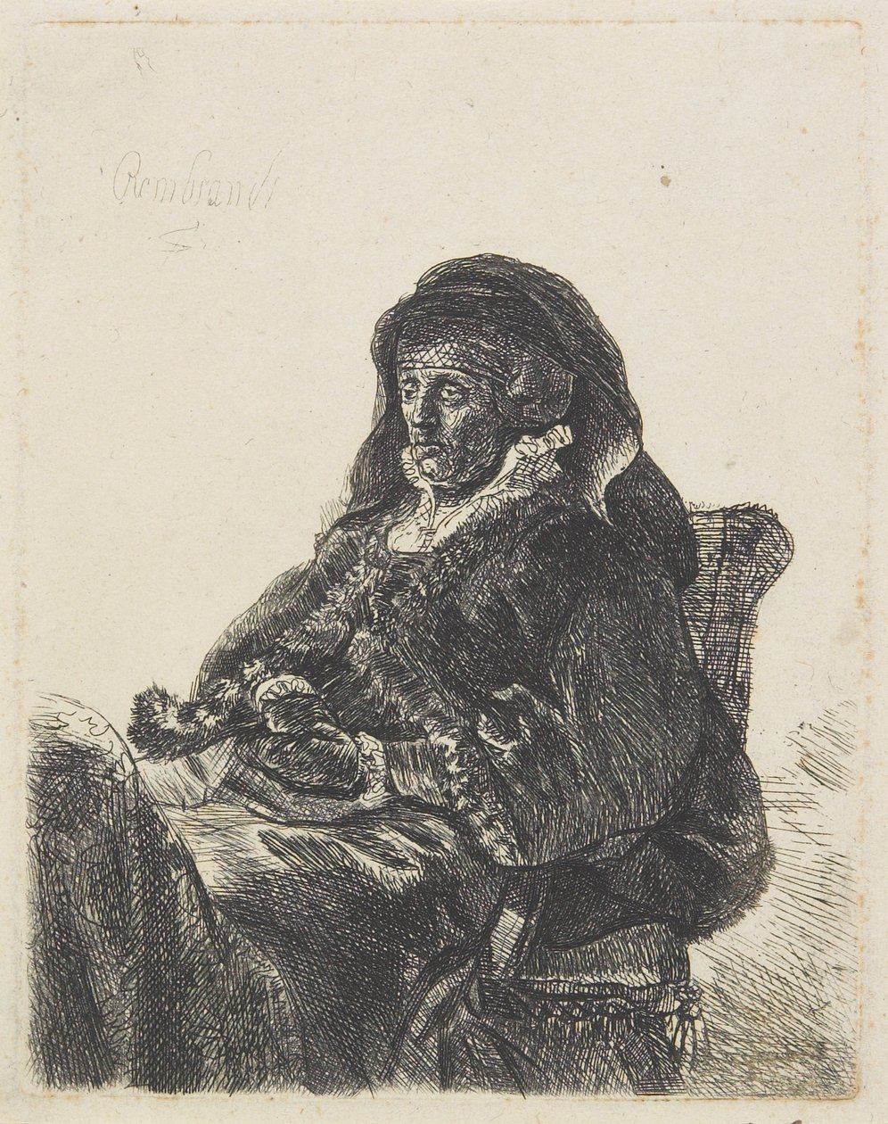 Rembrandts mor i änkans klänning och svarta handskar, ca 1632-35 av Rembrandt van Rijn