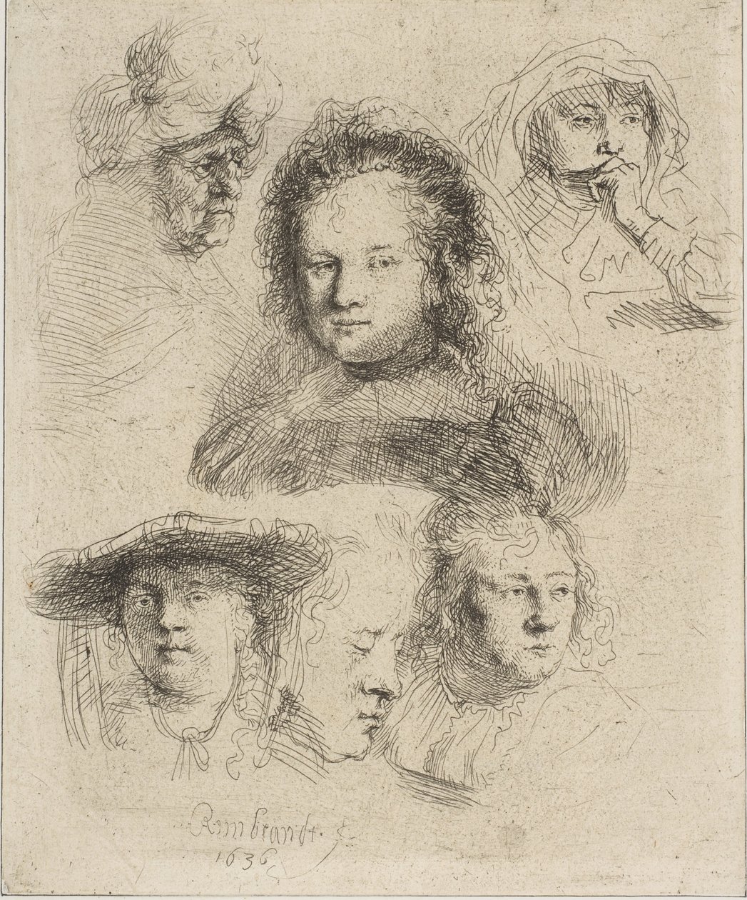Rembrandts fru och fem andra huvuden, 1636. av Rembrandt van Rijn