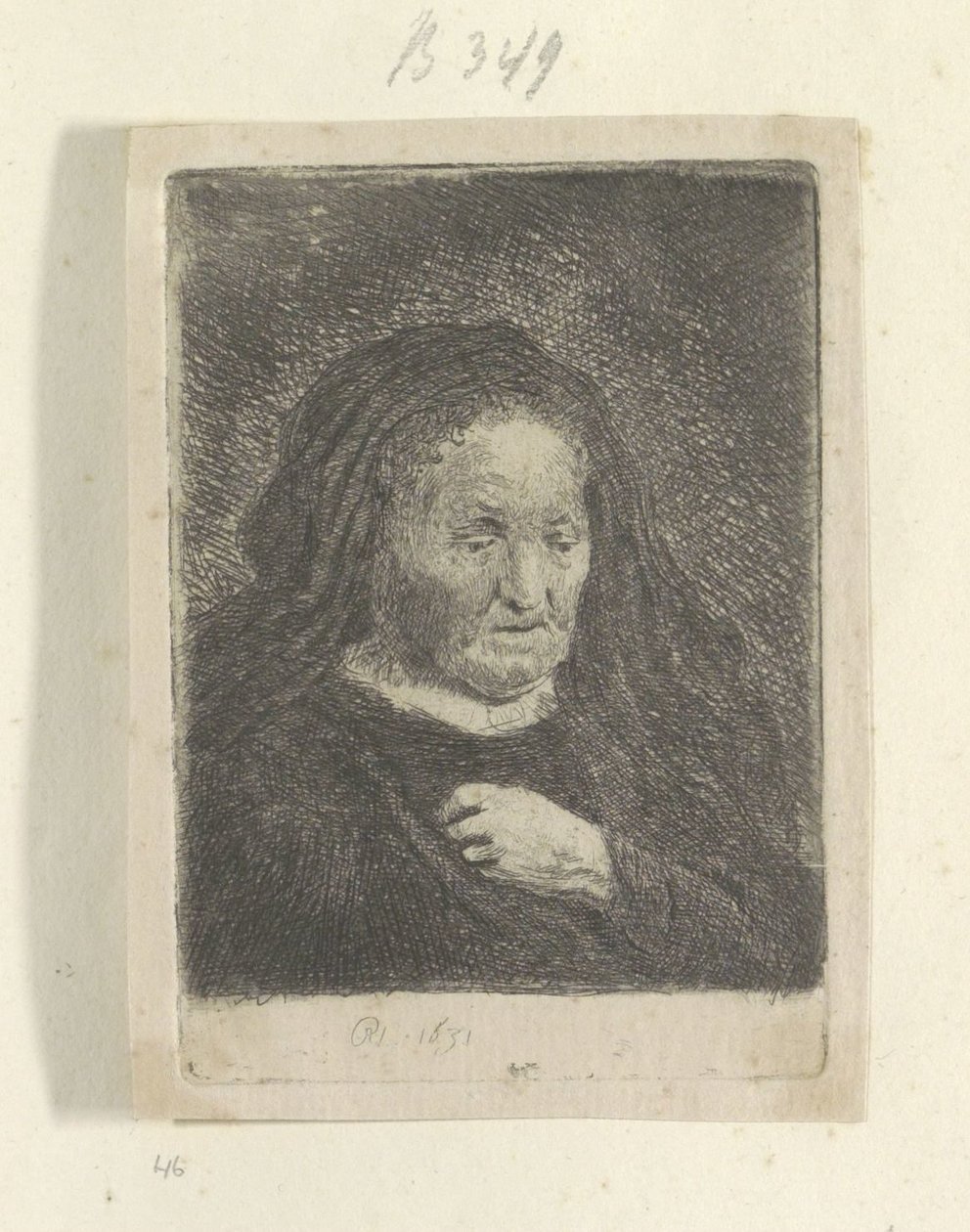 Rembrandts mamma med handen på bröstet: liten byst Recueil de quatre-vingt-cinq estampes originales (serietitel) av Rembrandt van Rijn