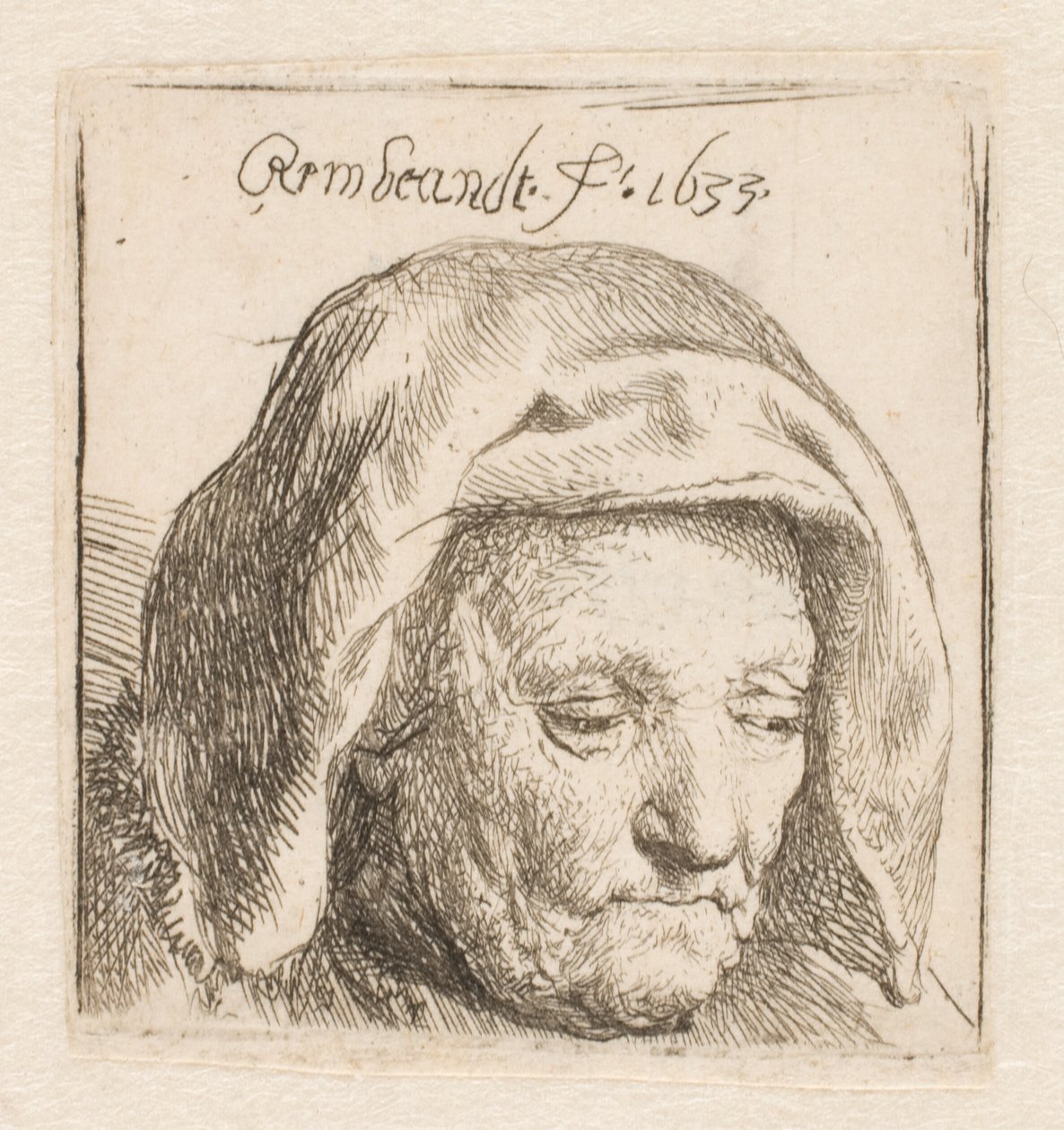Rembrandts mor med en huvudbonad av tyg, blickar nedåt: endast huvudet av Rembrandt van Rijn