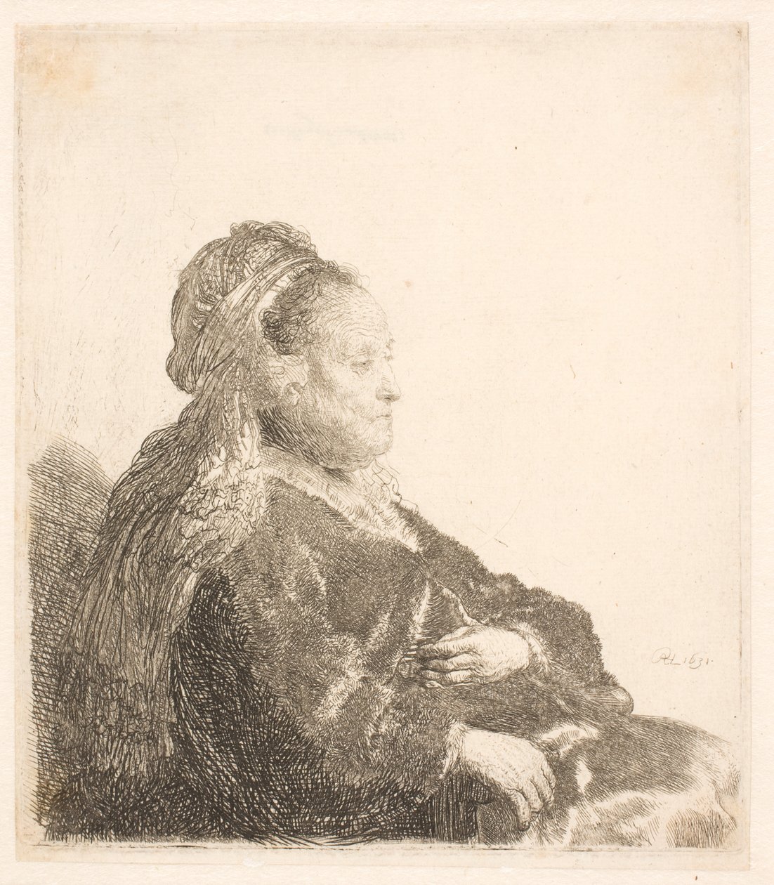 Rembrandts mamma sitter vänd mot höger, i en orientalisk huvudbonad: halvlång, visar händerna av Rembrandt van Rijn