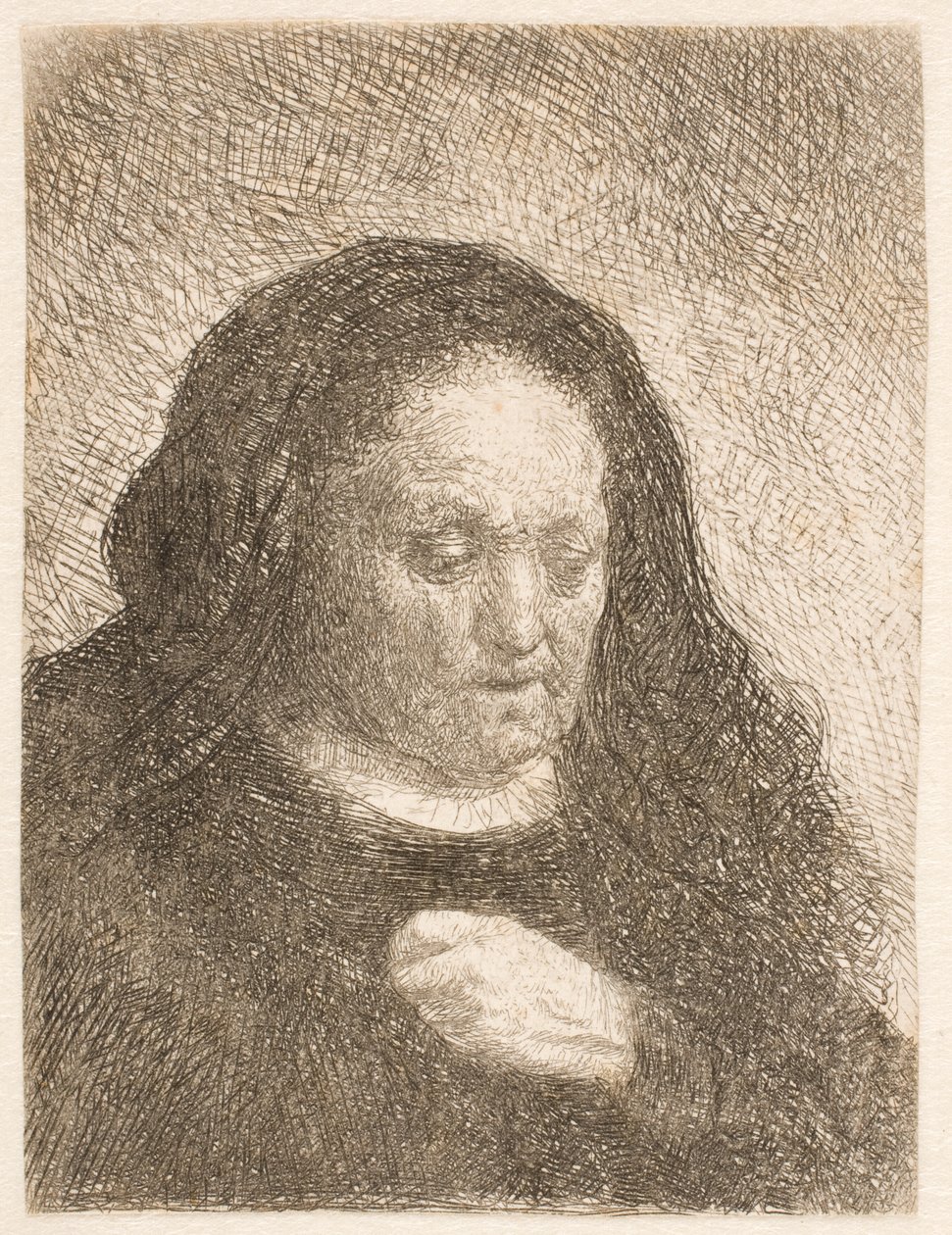 Rembrandts mor med handen på bröstet: liten byst av Rembrandt van Rijn