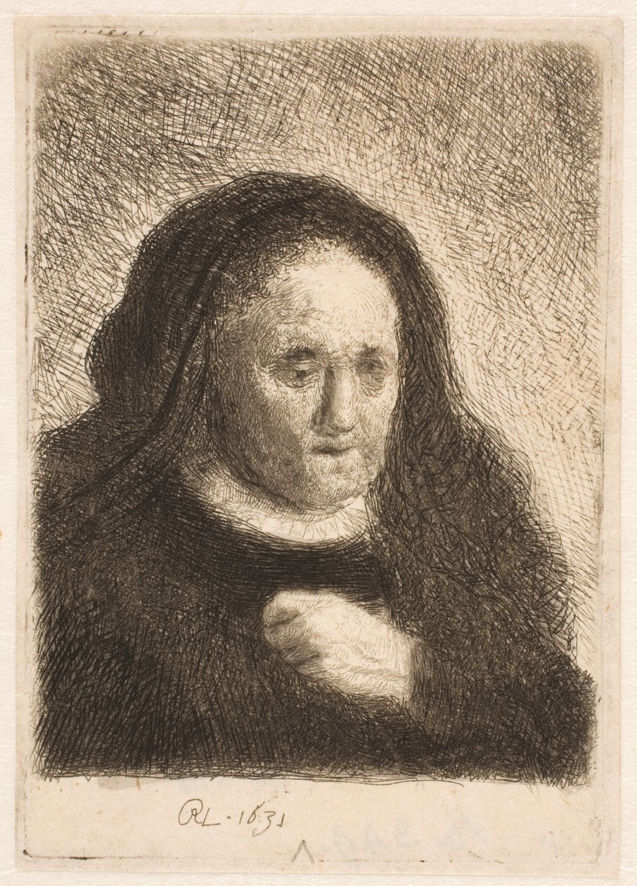 Rembrandts mor med handen på bröstet: liten byst av Rembrandt van Rijn