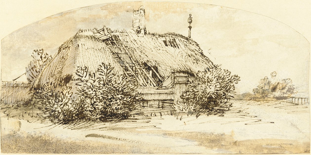 Förstörd stuga med halmtak bevuxen med buskar av Rembrandt van Rijn