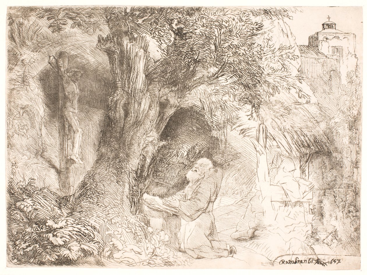 S. Franciskus under ett träd och ber av Rembrandt van Rijn