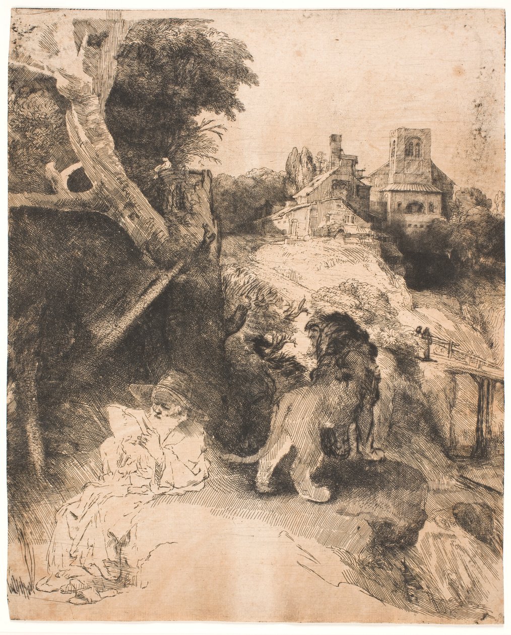 S. Jerome läser, i ett italienskt landskap av Rembrandt van Rijn