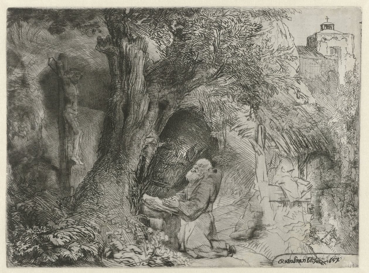 Saint Francis under ett träd, ber St Francis under ett träd ber av Rembrandt van Rijn