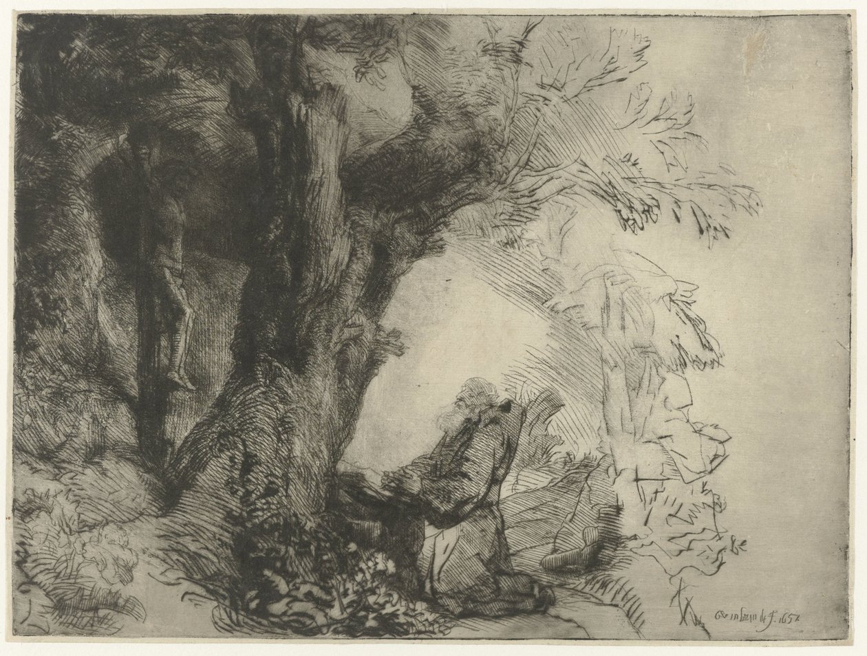 Saint Francis under ett träd, ber St Francis under ett träd ber av Rembrandt van Rijn