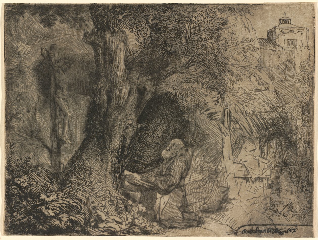 Saint Francis under ett träd ber av Rembrandt van Rijn