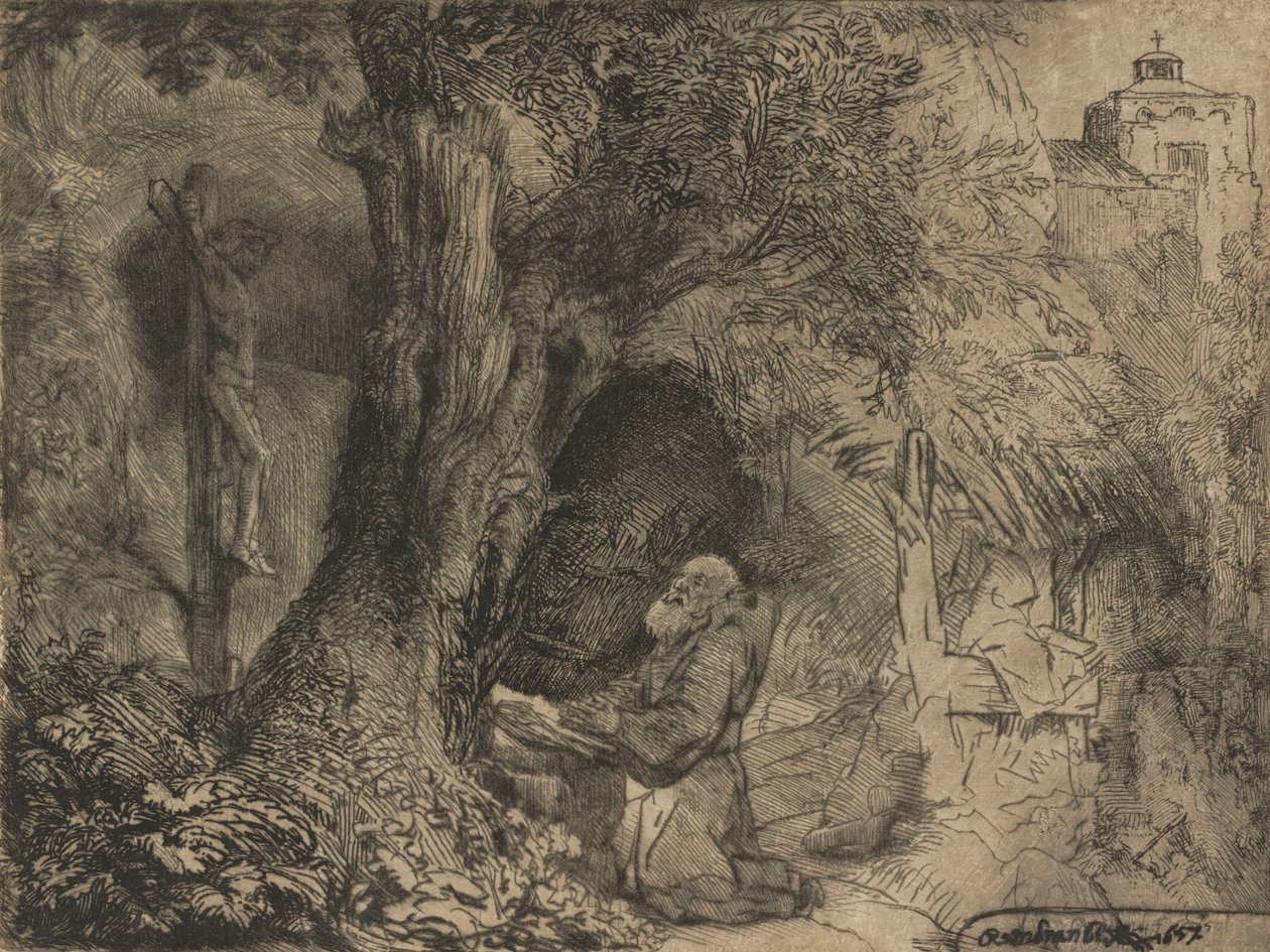 Sankt Franciskus under ett träd ber, 1657. av Rembrandt van Rijn
