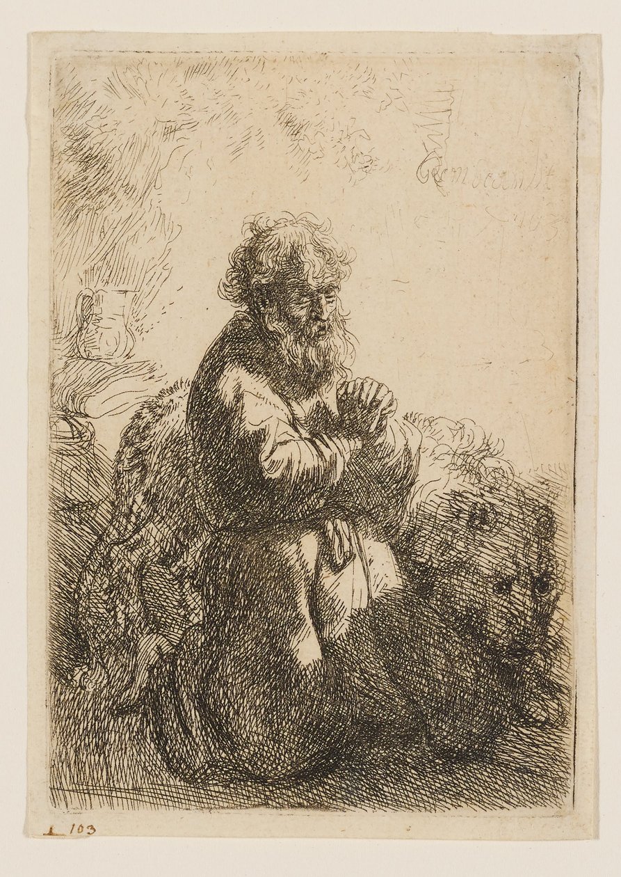 Den helige Hieronymus knäböjer i bön och blickar nedåt av Rembrandt van Rijn