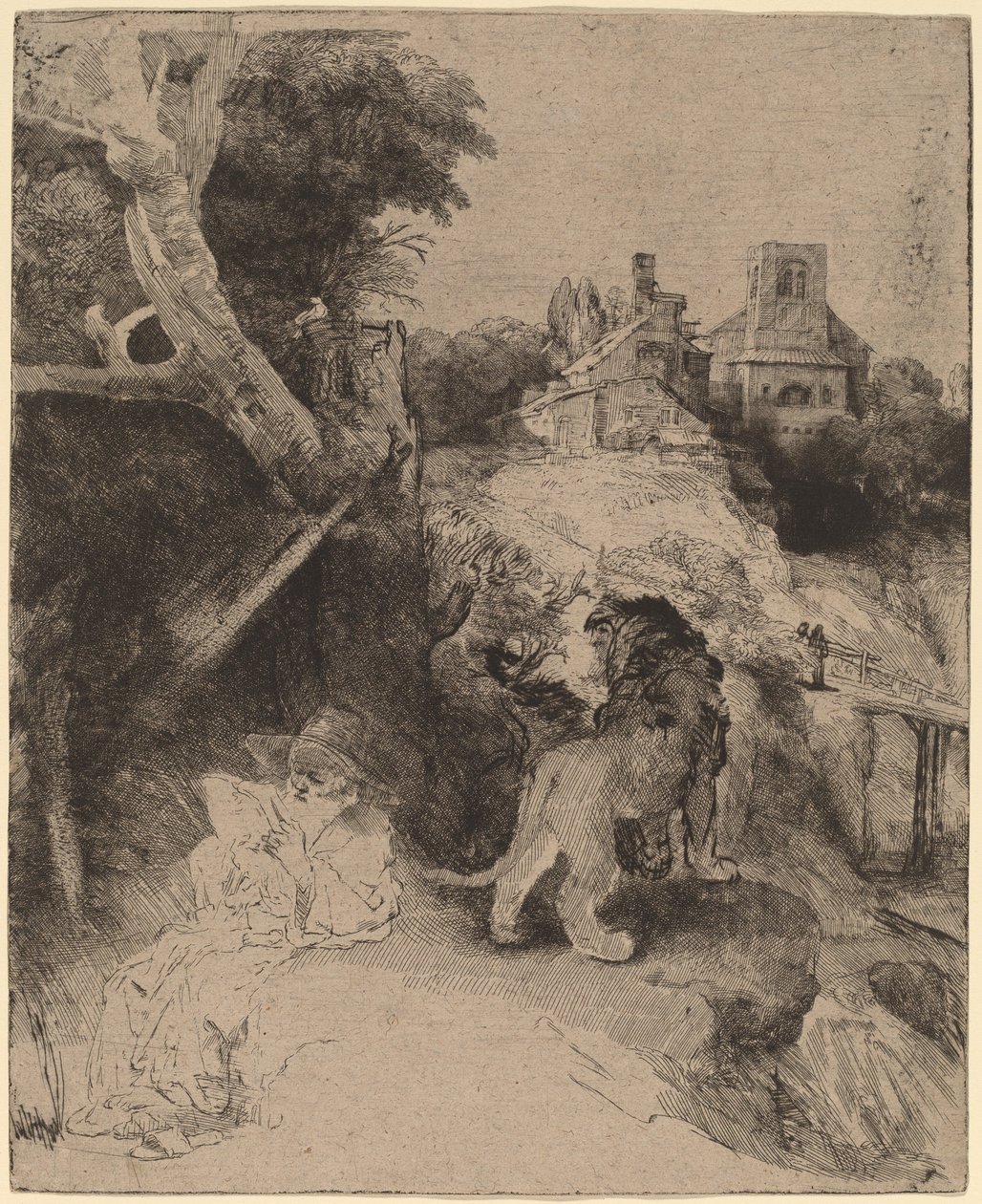 Saint Jerome läser i ett italienskt landskap av Rembrandt van Rijn