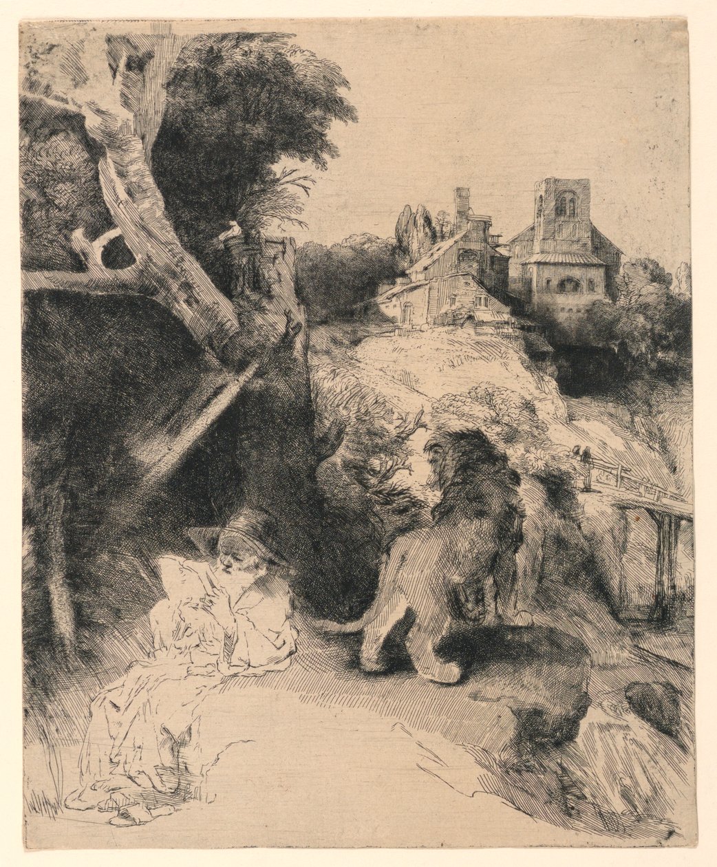 Saint Jerome läser i ett italienskt landskap av Rembrandt van Rijn
