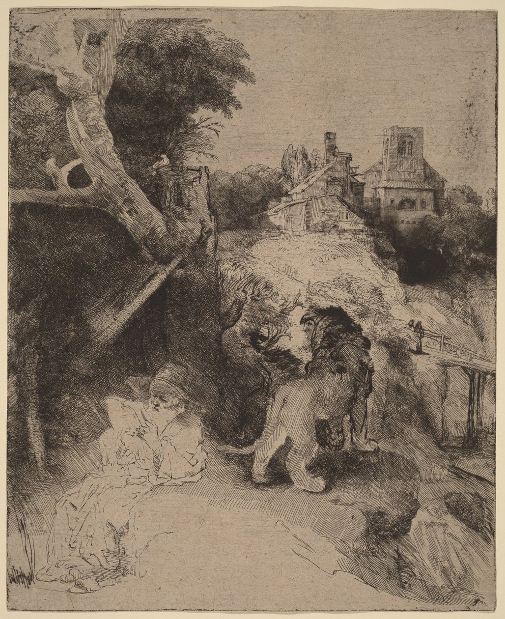 Den helige Hieronymus läsande i ett italienskt landskap av Rembrandt van Rijn