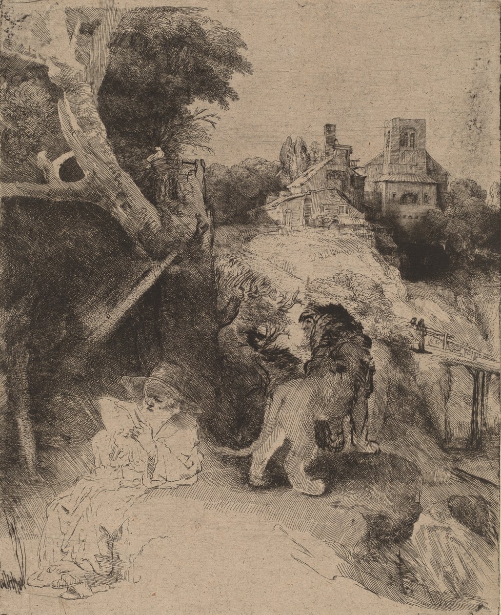 Saint Jerome läser i ett italienskt landskap, ca. 1653. av Rembrandt van Rijn