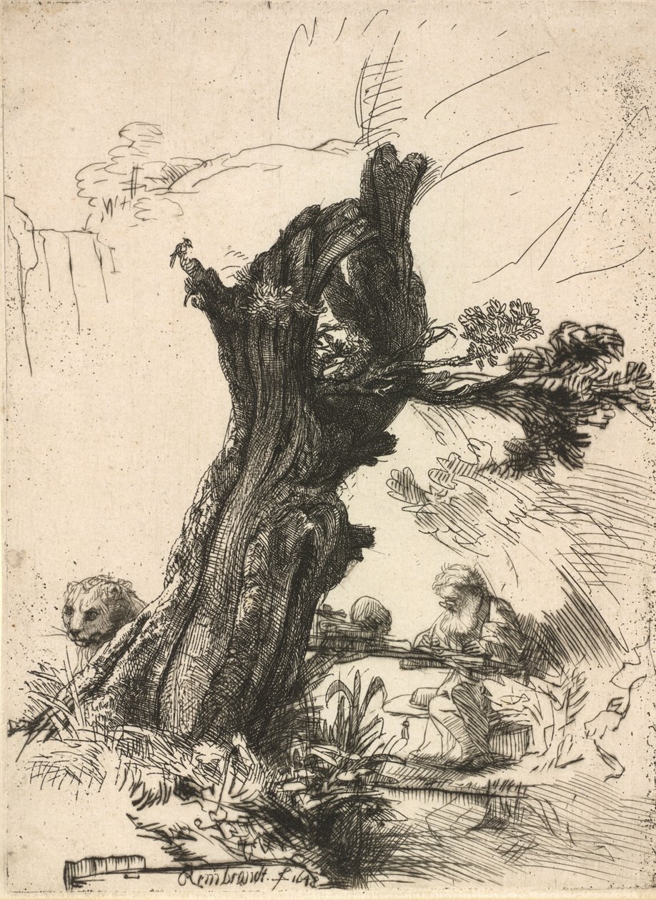 Saint Hieronymus bredvid en pollardpil, 1648. av Rembrandt van Rijn