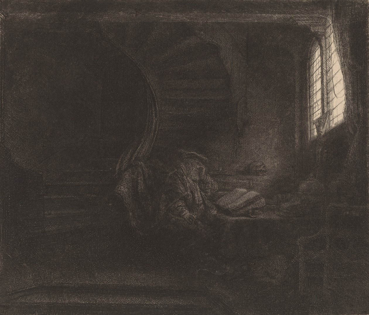 Saint Hieronymus i en mörk kammare, 1642. av Rembrandt van Rijn