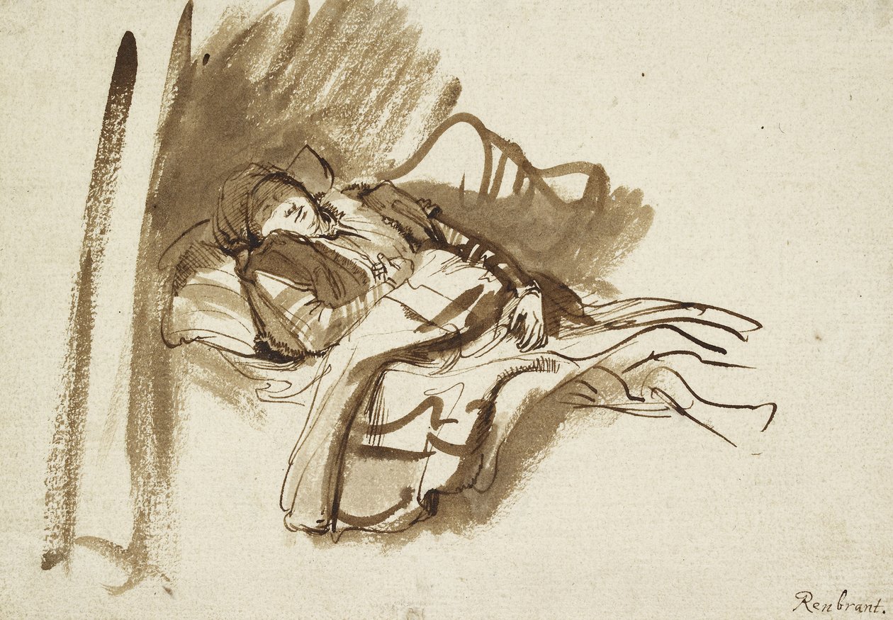 Saskia sover i sängen (penna och brunt bläck) av Rembrandt van Rijn
